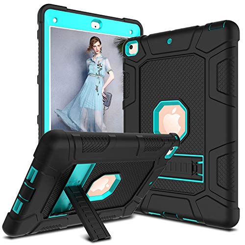 DONWELL Compatible iPad 6th 5th Generation Case, iPad 9.7 inch 2018/2017 Shockproof Defender Protective Cover with Kickstand for iPad 5 iPad 6 Model A1823 A1822 A1893 (Type1- Black & Light Blue)