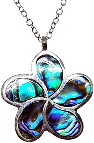 Hawaiian Plumeria Necklace Of Pewter And Paua Shell, 18”