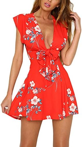 Vaniglia Women Floral Print Sleeve Sexy Deep V-Neck Tunic Top Casual Mini Dress