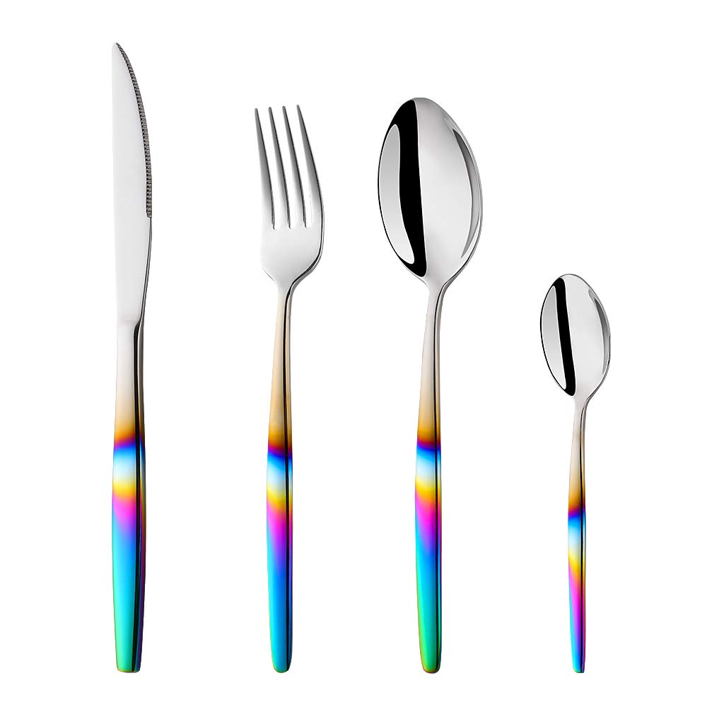 BISDARUN Stainless Steel Flatware Rainbow Coloured Handle Iridescent Cutlery 1 Set, 4 Piece Silverware Service for 1, Tableware Dinner Sets for Party Outdooor Camping Travel Dishwasher Safe