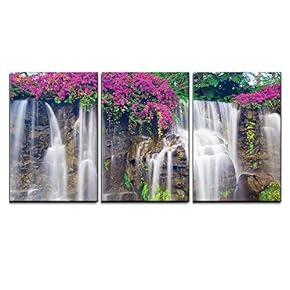 3 Piece Canvas Wall Art - Lush Waterfall and Flowers - Landscape - Modern Home Art Stretched and Framed Ready to Hang - 16"x24"x3 Panels