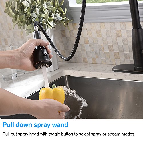 Lead-Free Antique Brass Oli Rubbed Bronze Stainless Steel Single Lever Single Handle Pull Down Sprayer Kitchen Sink Faucet, Kitchen Faucet Pull Out with Deck Plate - Thumbnail 4