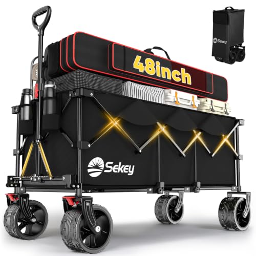 Sekey Zusammenklappbarer, Faltbarer Wagen mit 299 kg Tragkraft, robuster 300 l Gartenwagen mit großen All-Terrain-Strandrädern und Getränkehaltern, 12