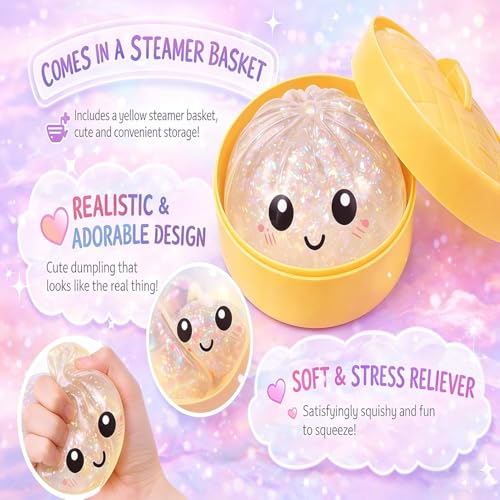 SLEEPHEAD®New Mystery Dumpling Squishy, Rare Glitter Dumpling Squishy– Random Surprise Stress Dumplings in Mini Steamer Basket (Color Random*3)