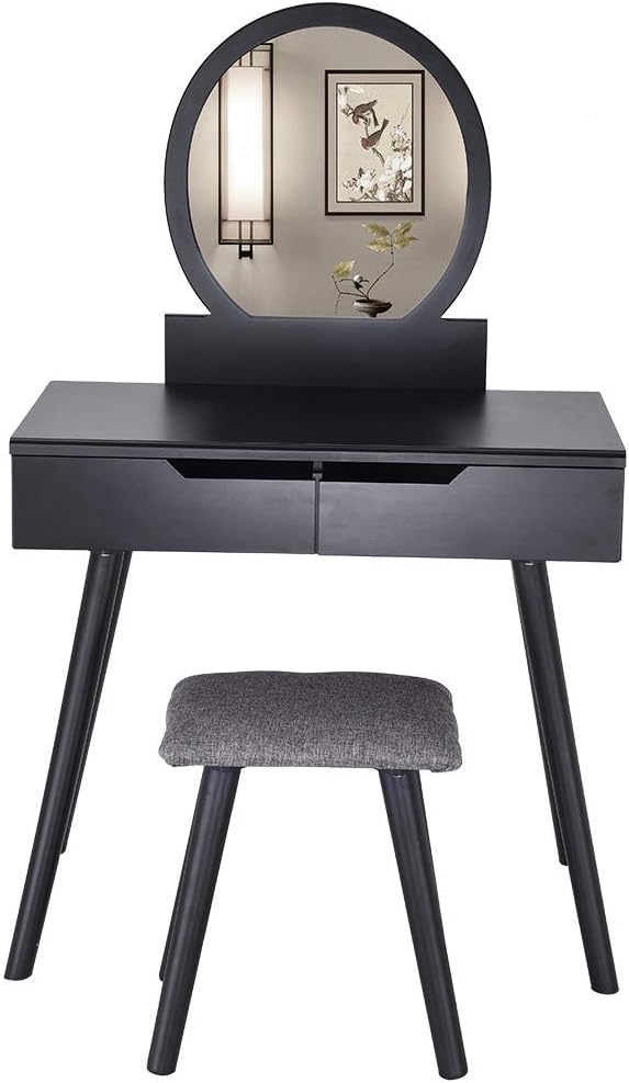 Cayyy Vanity Table Set with Round Mirror Black, Makeup Dressing Table with Cushioned Stool Set and 2 Large Sliding Drawers