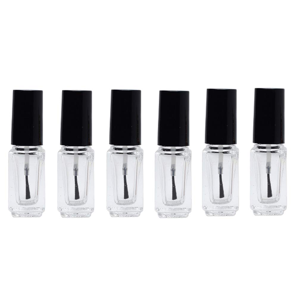 VASANA 6 PCS Empty Clear Glass Square Bottom Shape Nail Polish Bottles With Black Cap And Soft Brush for DIY Nail Art Sample