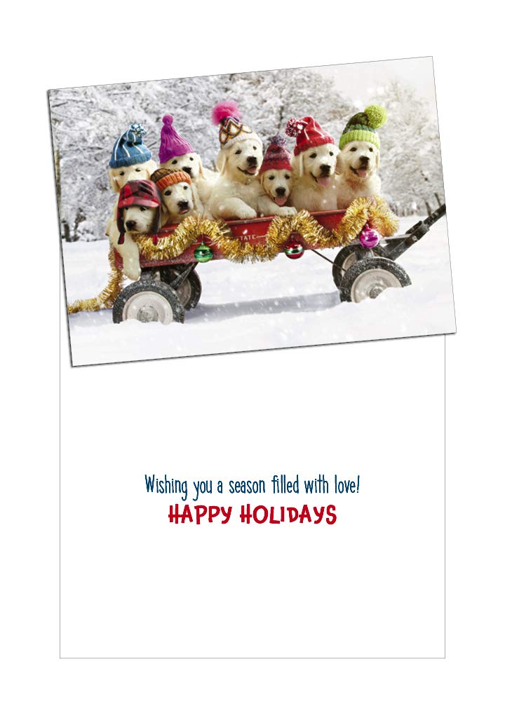 Avanti Christmas Cards with Envelopes, Little Red Wagon Full of Puppies, Pack of 10