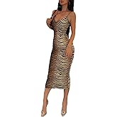 Women's Sexy Striped Tiger Print Asymmetrical Spaghetti Strap Dress Deep V-Neck Sleeveless Bodycon Midi Club Dress