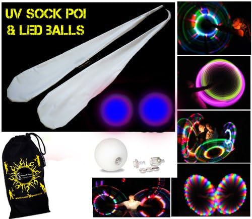 LED GLOW Sock Poi, Spinning Poi, A Pair Stretchy Lycra Poi Socks, with 2 LED GLOW Balls! + Travel Bag! White Socks (Blue)