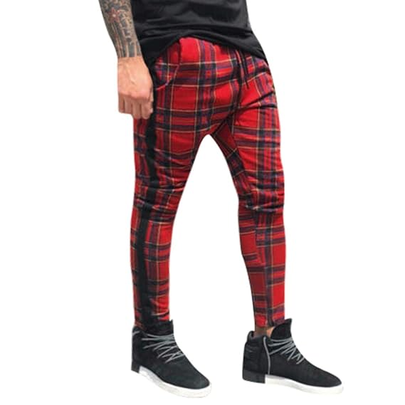 mens red plaid joggers