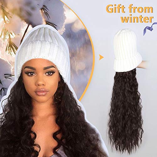 AISI BEAUTY Beanie Hat with Hair Attached Slouchy Winter Knit Hat Synthetic Long Wavy Hair