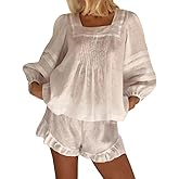 Sotimoon Womens 2 Piece Sets Puff Long Sleeve Square Neck Top and Ruffle Shorts Cotton Pajamas Set