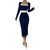 SOLY HUX Women's Midi Dress Color Block Square Neck Long Sleeve Bodycon Dresses