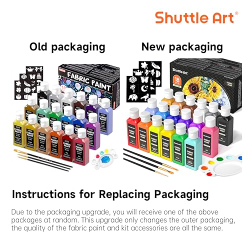 Shuttle Art Fabric Paint, 18 Colors Permanent Soft Fabric Paint in Bottles (60ml/2oz) with Brushes, Palette, Stencils, Non-Toxic Textile Paint for T-Shirts, Shoes, Jeans, Bags, DIY Projects&Art