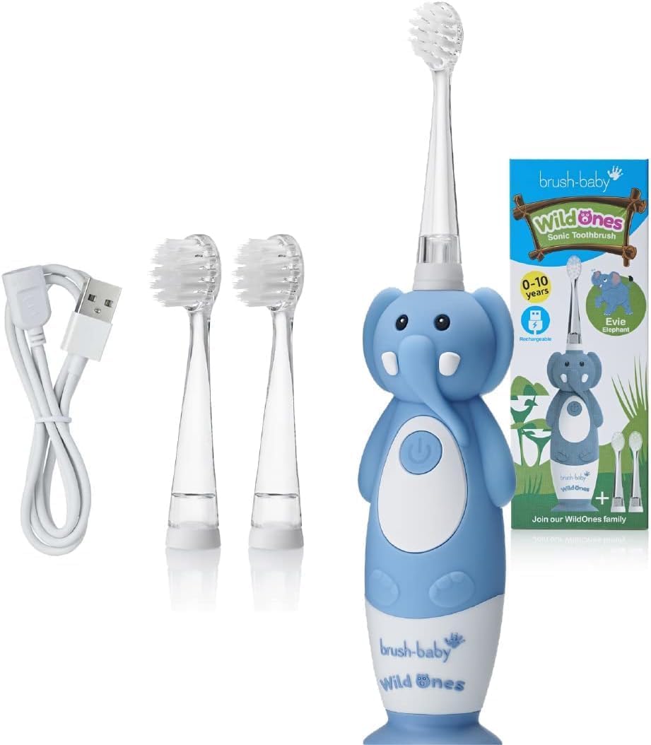 Brush-Baby WildOnes Kids Electric Rechargeable Toothbrush Elephant, 1 Handle, 3 Brush Head, USB Charging Cable, for Ages 0-10 (Elephant) — image 1