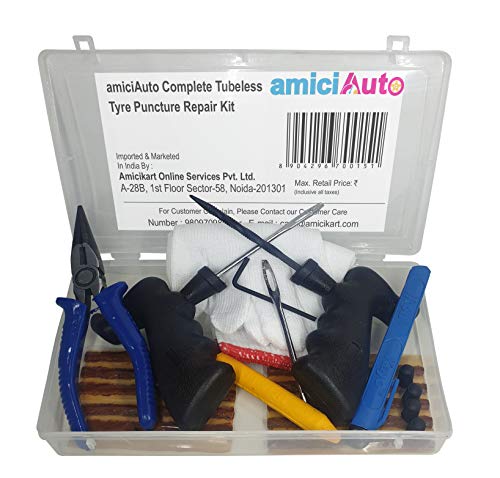 amiciKart Auto Complete Tubeless Tyre Puncture Repair Kit with Box (Nose Pliers , Cutter , Extra Strips)
