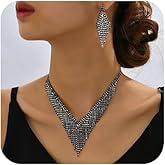 Chargances 3pcs Black Crystal Bridal Jewerly Set Rhinestone Tassel V-shape Necklace Chandelier Dangle Fringe Earrings Wedding Accessorieafor Women Halloween (Style 2)