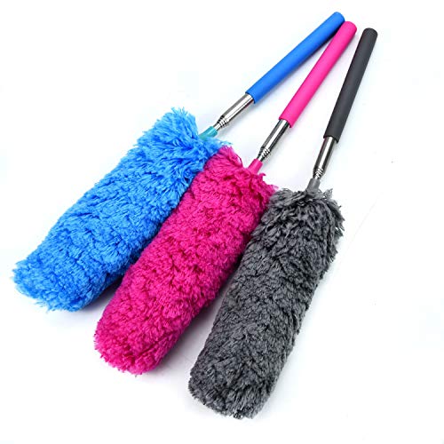 WEFOO Set of 3 Microfiber Duster Extendable Brush Washable Dusting Brush for Interior Roof, Ceiling Fan,Cobweb Duster, Cars-Wet or Dry Use,Bue Coffee And Rose Red