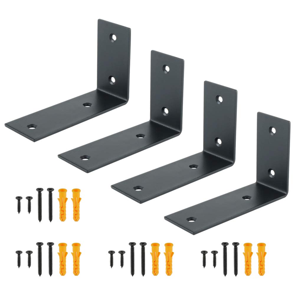 Photo 1 of Alise Floating Shelf Brackets Heavy Duty L-Shaped Wall Brackets - Black Angle Corner Braces for Shelves, Stainless Steel Reinforced Shelf Support Bracket for Wooden Boards 5x3.4 Inch, Pack of 4