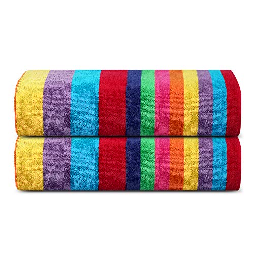 Sweet Needle - Premium Stripe Beach Towels - Pack of 2 - 30" x 60" (76cm x 152cm) - 100% Ringspun Cotton - 450gsm - Highly Absorbent Miami Vibe Multi Stripe