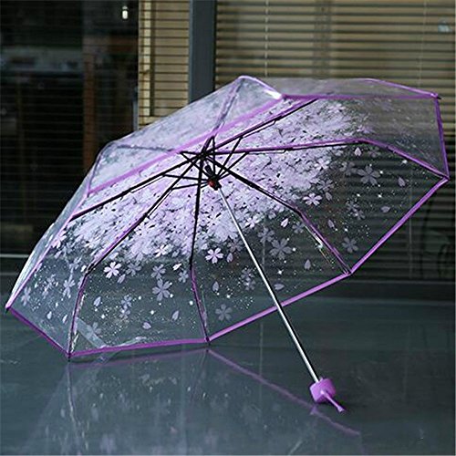 Anti-UV Sun/Rain Umbrella, Sttech1 Three Fold Transparent Clear Cherry Blossom Mushroom Sakura Folding Sunshade Rain Umbrellas for Women Girls (Purple)