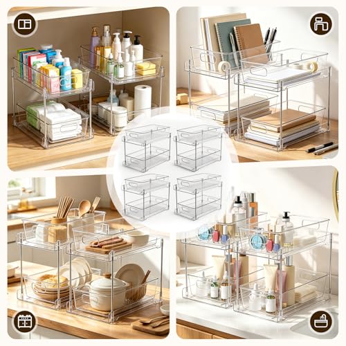 Juego de 4 Organizadores de Cocina Transparentes, 2 Niveles de Organizador de Baño Deslizante, Estantes de AcríLico Organización de Despensa para Despensa, Cocina, Dormitorio, Baño