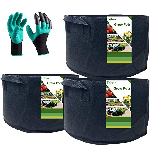 Tespher Professional 3-Pack 40 Gallon Round Fabric Grow Pots/Grow Bags with Coated Garden Gloves,Root Aeration Containers Plant Bags Flower Pouch Vagetable Container Planters