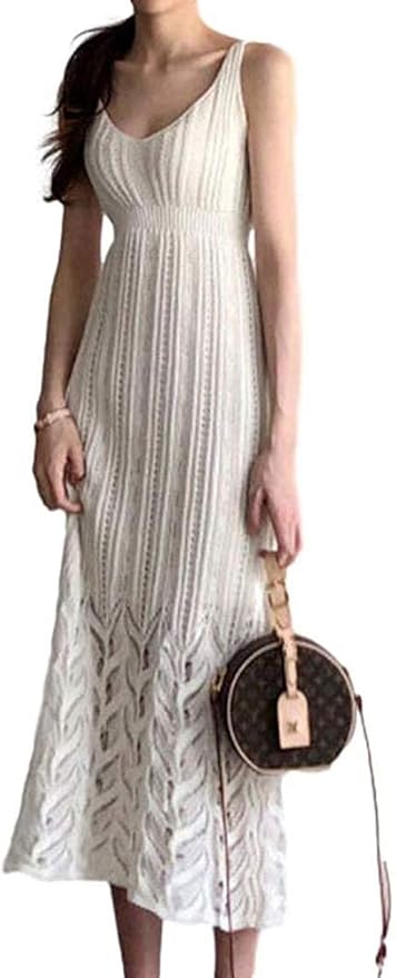 Amazon Co Jp ニット ノースリーブ ワンピース キャミソール ロング マキシ 総柄 切り替え パーティ クラブ ドレス レディース ドレス 白 ホーム キッチン