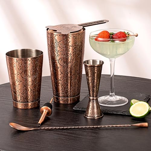 SKY FISH Boston Cocktail Shaker, 18 Piece Cocktail Kit with 3D Embossed Design, Professional Bartender Set for Cocktails Lovers, Hand Wash, Antique Copper