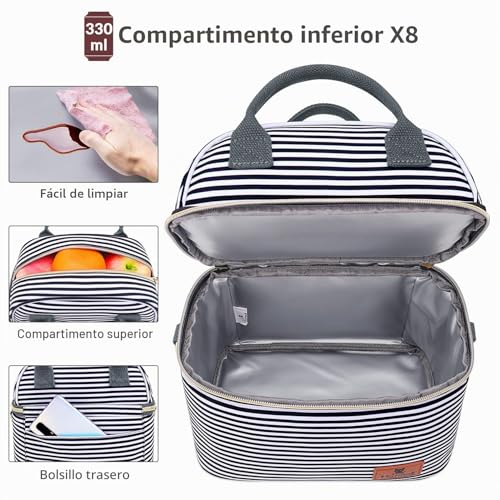 Hafmall Thermal Food Bag for Women and Men, Lunch Bag with Two Compartments, Work Lunch Bag, Stripes