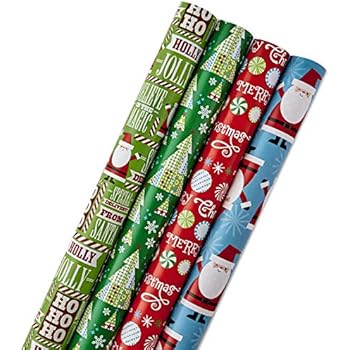 Hallmark Reversible Christmas Wrapping Paper Bundle, Santa and Trees (Pack of 4, 150 sq. ft. ttl.)