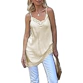 Women Satin Lace Trim Cami Top Spaghetti Strap Slik Asymmetrical Tank Top Y2k Lace V Neck Silky Camisoles