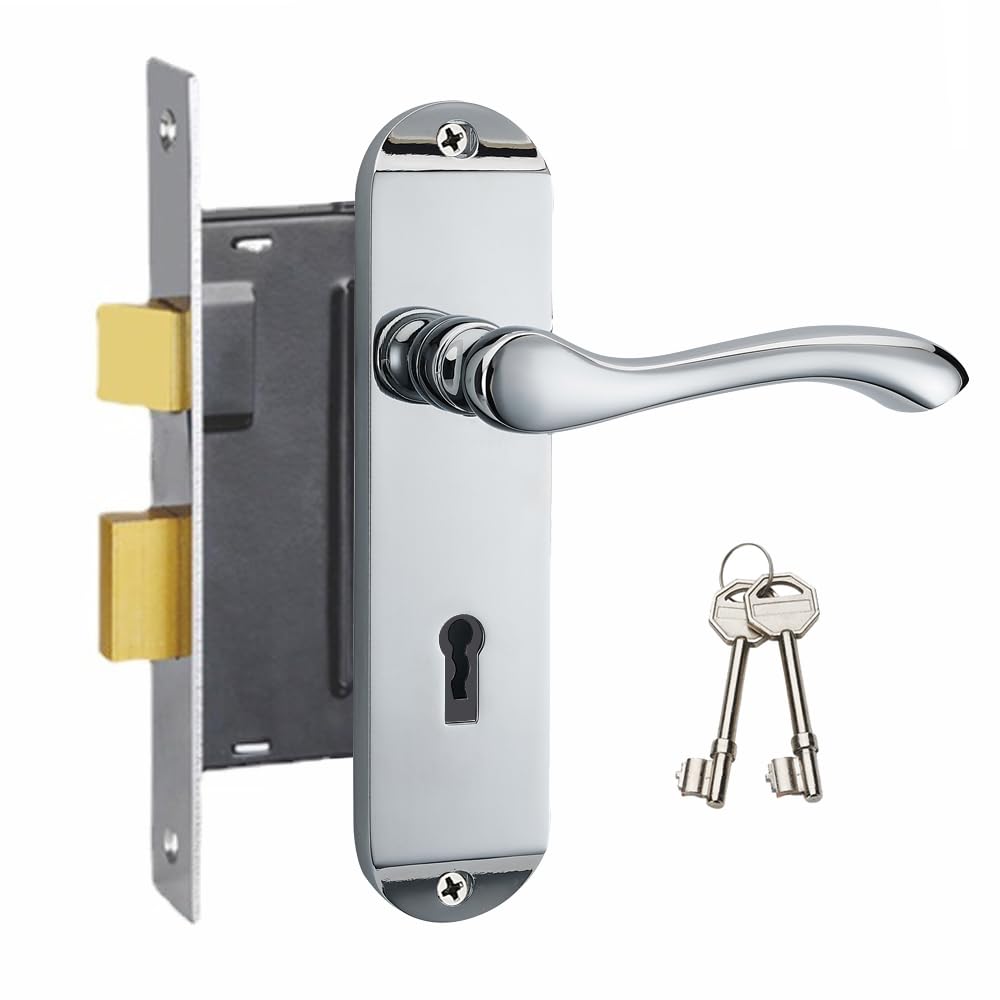 HENYIN Polished Chrome Bedroom Door Lock Set, Entry Door Lock Set with Key, Backset 57MM(Z01-ET-57)