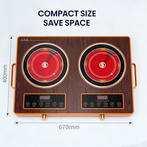Jospondent Double burner electric ceramic stove, 3500W high-power electric cooking stove, no installation required, wood grain tempered glass and black crystal glass panel, aluminum alloy shell with