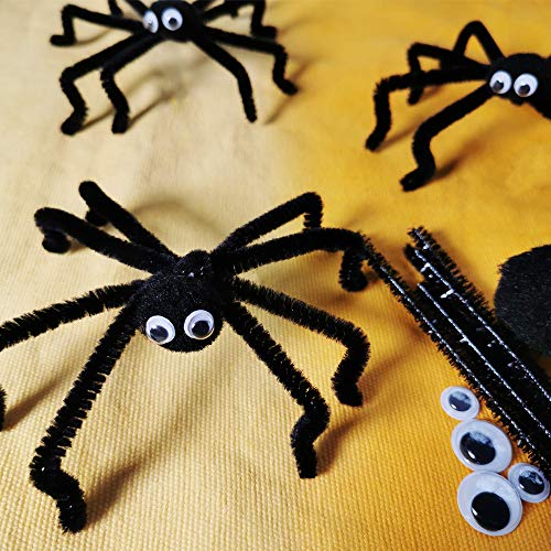 440 Pieces Halloween Pom Pom and Pipe Cleaner Kit Including 140 Pieces Chenille Stem, 130 Pieces Pom Poms and 170 Pieces Wiggle Googly Eyes for Craft DIY Art Supplies