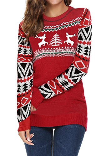 Womens Grils Ugly Christmas Sweater Cute Reindeer Snowflakes Long Sleeve Xmas Pullover