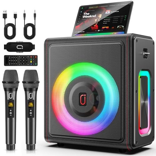 Karaoke Machine, Portable Bluetooth 5.3 Speaker with 2 Wireless Microphones for Adults, 200W Retro Leather PA System with Pitch Correction, Supports TV/TWS/TF Card/USB/AUX/Live (2MICS)