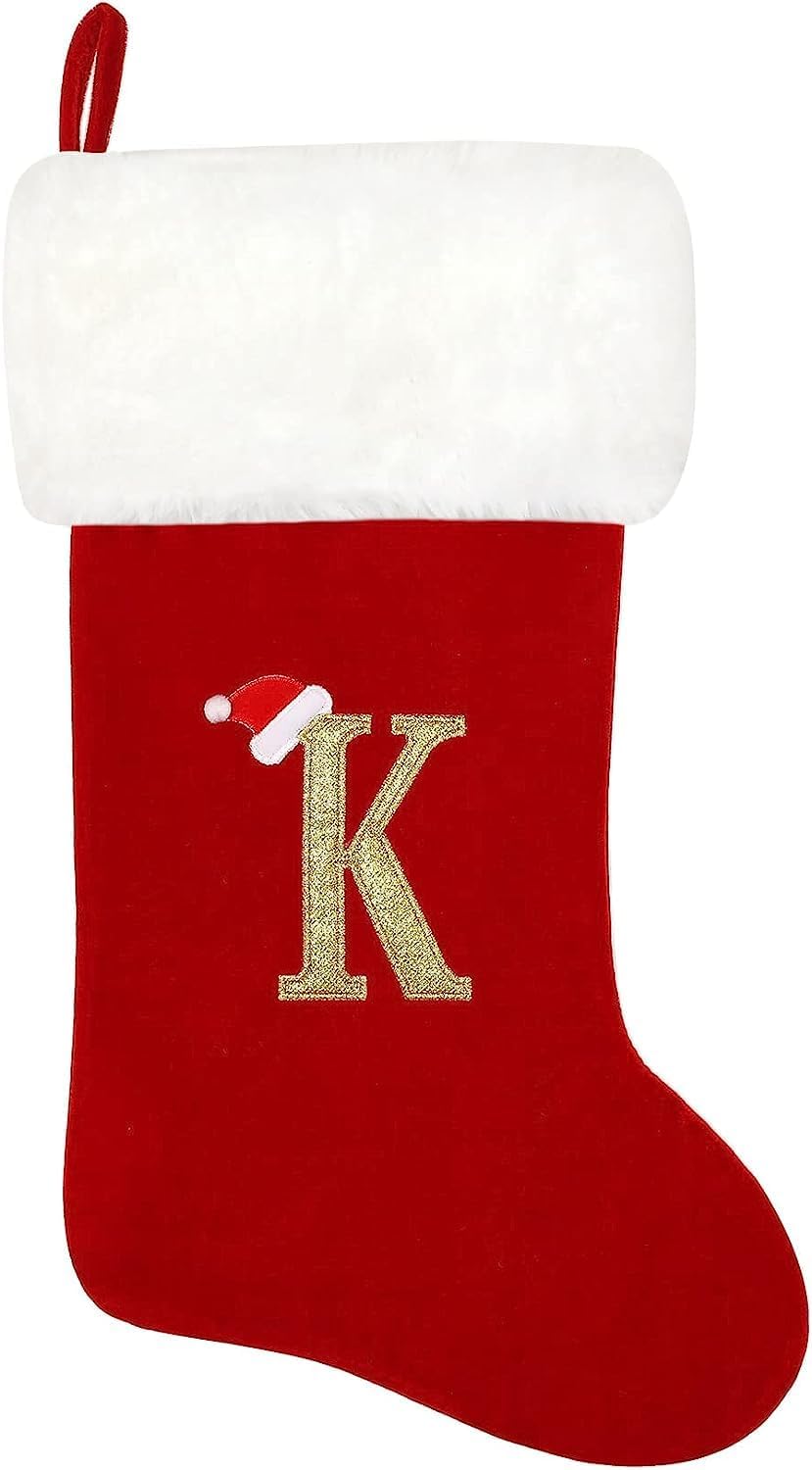Stockings & Holders - SherryDC Personalized Letter Christmas Stockings, Soft Velvet Plush Cuff Embroidered Xmas Stockings Decorations for Family Holiday Season Decor(Letter K)