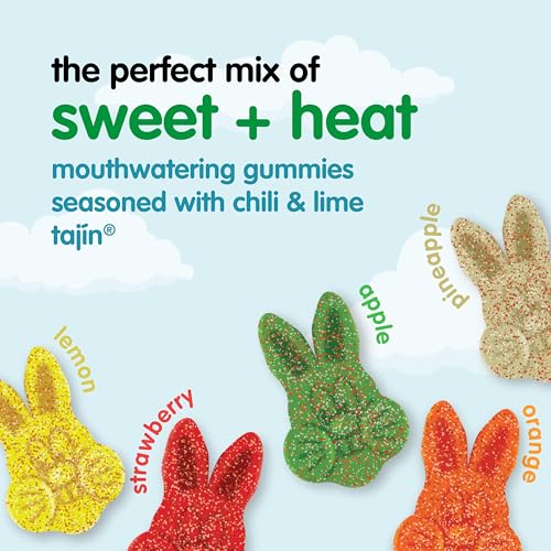 SNAK CLUB TAJIN GUMMY BUNNIES, ASSORTED FRUIT CANDY GUMMIES WITH CHILI AND LIME SEASONING, MILD, GLUTEN-FREE AND VEGAN SNACKS, 9 OZ RESEALABLE BAGS, 6 PACK