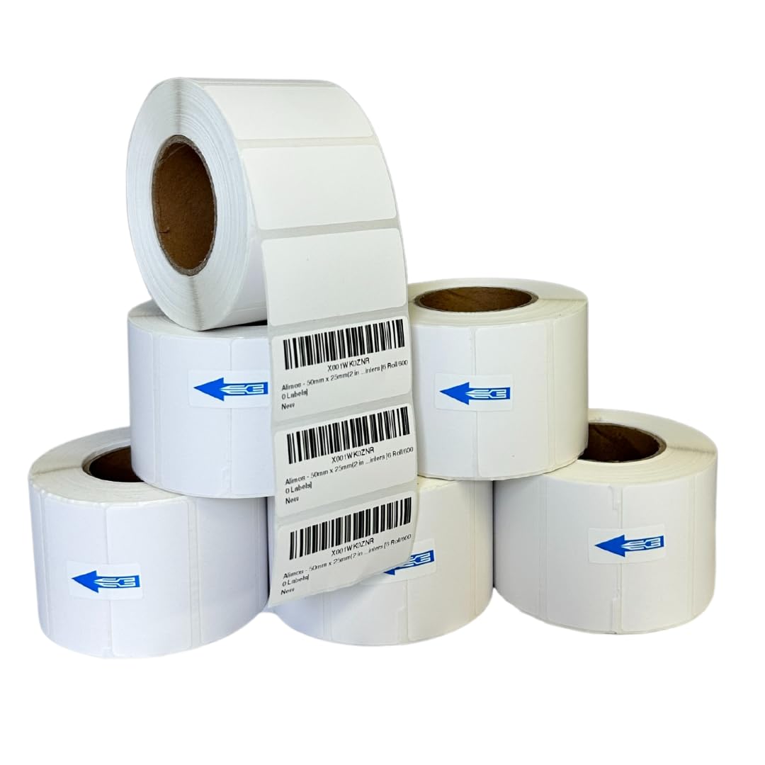 Alimos - 50mm x 25mm (2 in x 1 in) Multipurpose & Barcode Thermal Labels, 1000 Perforated per Roll, Compatible With Zebra & More Printers [6 Roll/6000 Labels]