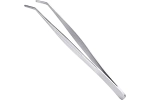 KIMAIRY Long Forceps Tweezers, Serrated Bent Flat Tips Precision Curved Science Surgical Tongs Jewelers Needle Metal Sewing Sharp Small Kitchen Teeth Knurled Handles (1PCS)