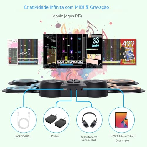 VEDO Bateria Eletrônica Infantil 10 Pads Sensíveis, Alto-Falantes Duplos, 2000mAh Bateria Recarregável, MIDI e Conexão para Fones - Kit Musical Portátil com 9 Músicas Demo e 10 Ritmos Crianças