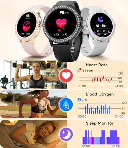 Women's Smart Watch with Diamonds, 1.32 Inch Smartwatch Women with Bluetooth Calls, Heart Rate/Sleep Monitor, 500 + Dials, IP68, 110+ Sports Modes for Android and iOS, Rose Gold