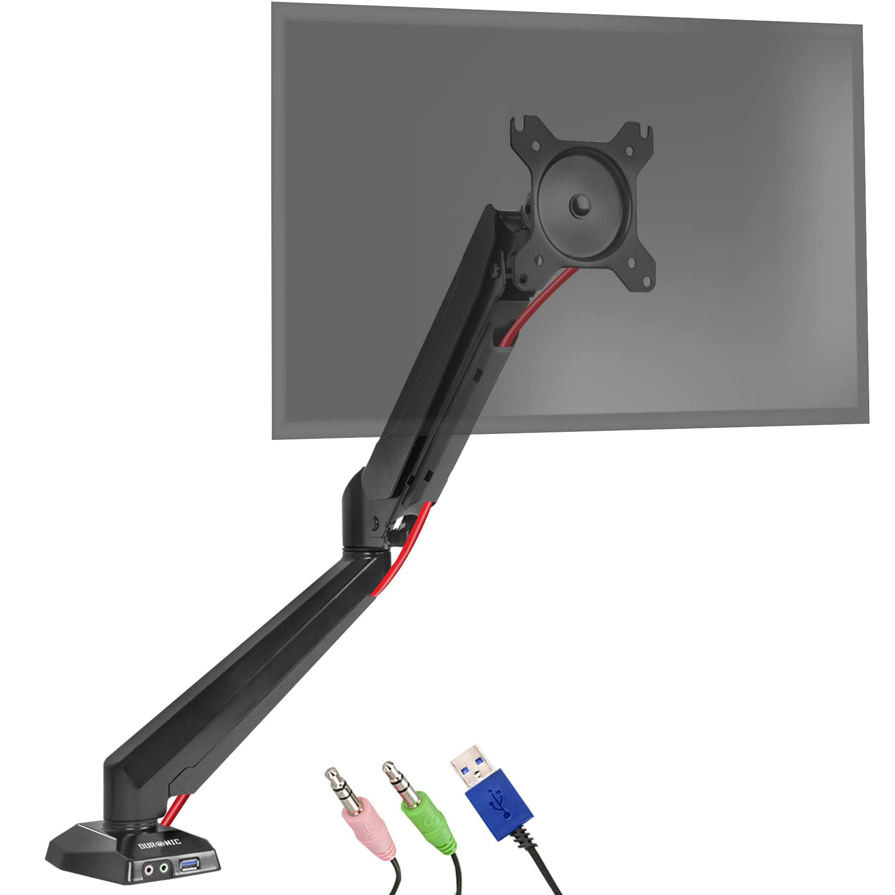 Duronic Gas-Powered Monitor Arm Stand DMUSB5X1 | Single PC Desk Mount | Headphone, USB, Microphone Sockets | 13-27” LED LCD Screen | VESA 75/100 | Full Motion: Tilt -90°/+85°, Swivel 180°, Rotate 360°