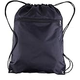 TBF (12 Pack) Set of 12 Durable Polyester Drawstring Backpack Bags with Front Zipper Pocket 15" W x 18" H (Black)