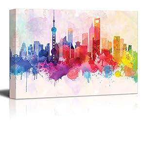 Colorful Rainbow Splattered Paint on The City of Shanghai in China - Canvas Art Home Art - 12x18 inches