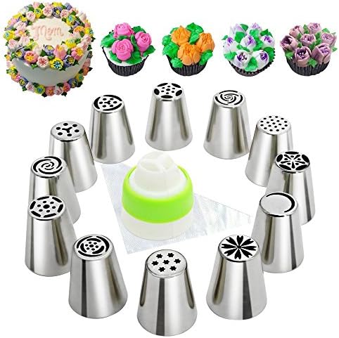 AOSHR Russian Piping Tips Set 33-Pcs (12 Russian Tips 20 Disposable Pastry Bags 1 Tri-Color Coupler)