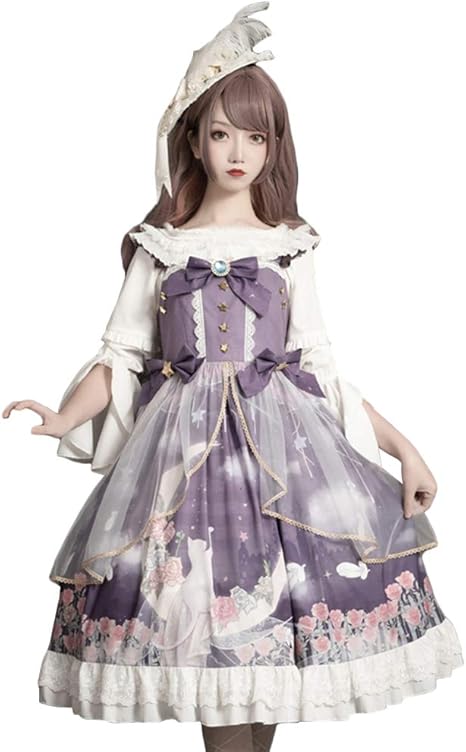 Amazon ワンピース ロリータ ジャンパースカート ロリータ服 ゴスロリ ゴシック 森ガール 女の子 姫 ドレス 可愛い ゆめかわいい 月 星 ねこ バラ コスプレ 衣装 学園祭 文化祭 イベント 写真撮影 ステージ衣装 紫 ブラウス ジャンパースカート L コスプレ 仮装 通販