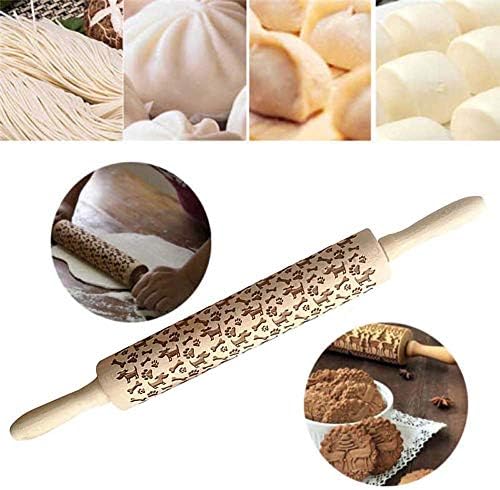 Handmade Rolling Pin Christmas Puppy Bone Pattern Baking Rolling Pin Engraved Carved Wood Embossed Rolling Pin Baking Tools Cookies Stamp (Dog Bone, 41 cm)