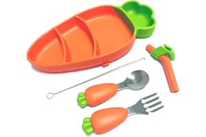 SETFLAGS Toddler Plates with Suction, Silicone Suction Plates for Baby, Cute Carrot Divided Plates and Utensils Set, Non Slip, BPA Free, Feeding Set for 1-5 years old